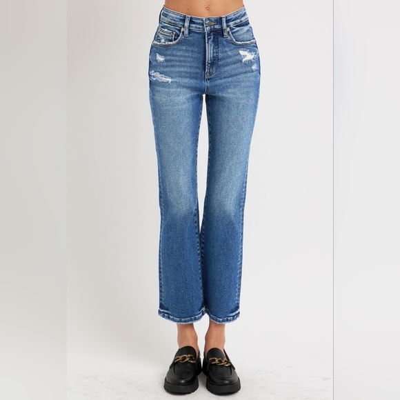 RISEN High-Rise Tummy Control Retro Jeans Distressed Bootcut Ankle Denim Pants - Picture 9 of 16